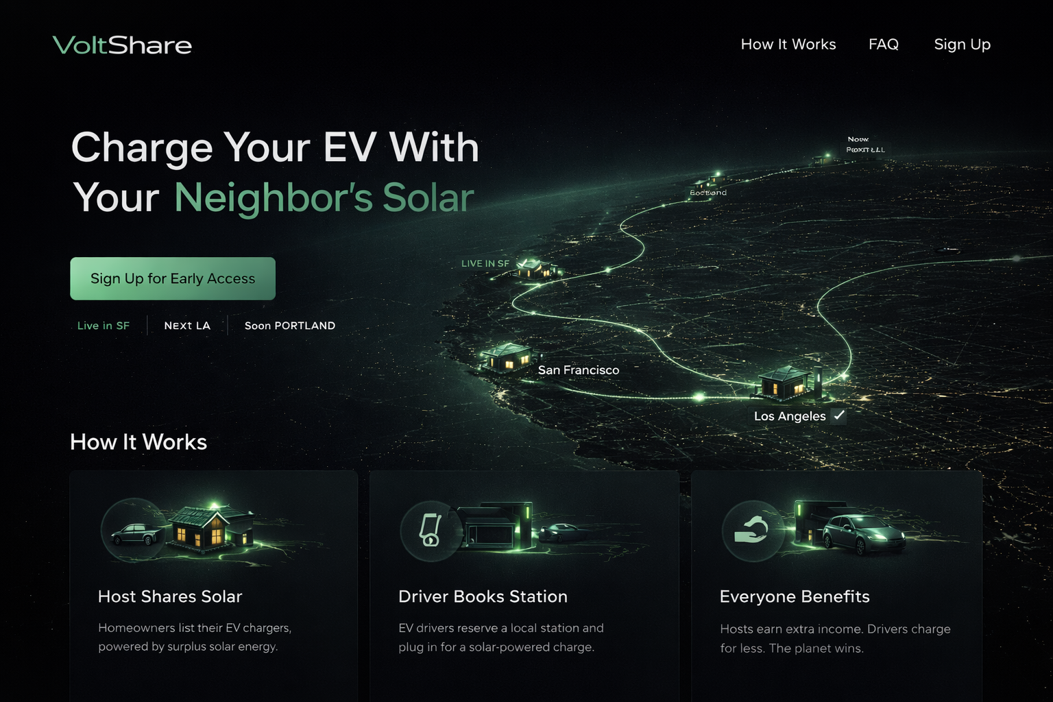 VoltShare network map — Bay Area, Los Angeles, Portland